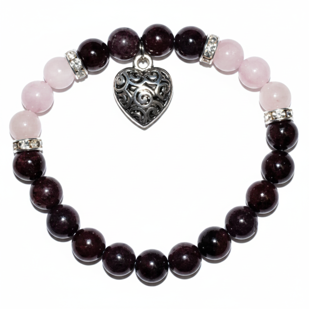 Garnet Rose Quartz Heart Bracelet, 8mm