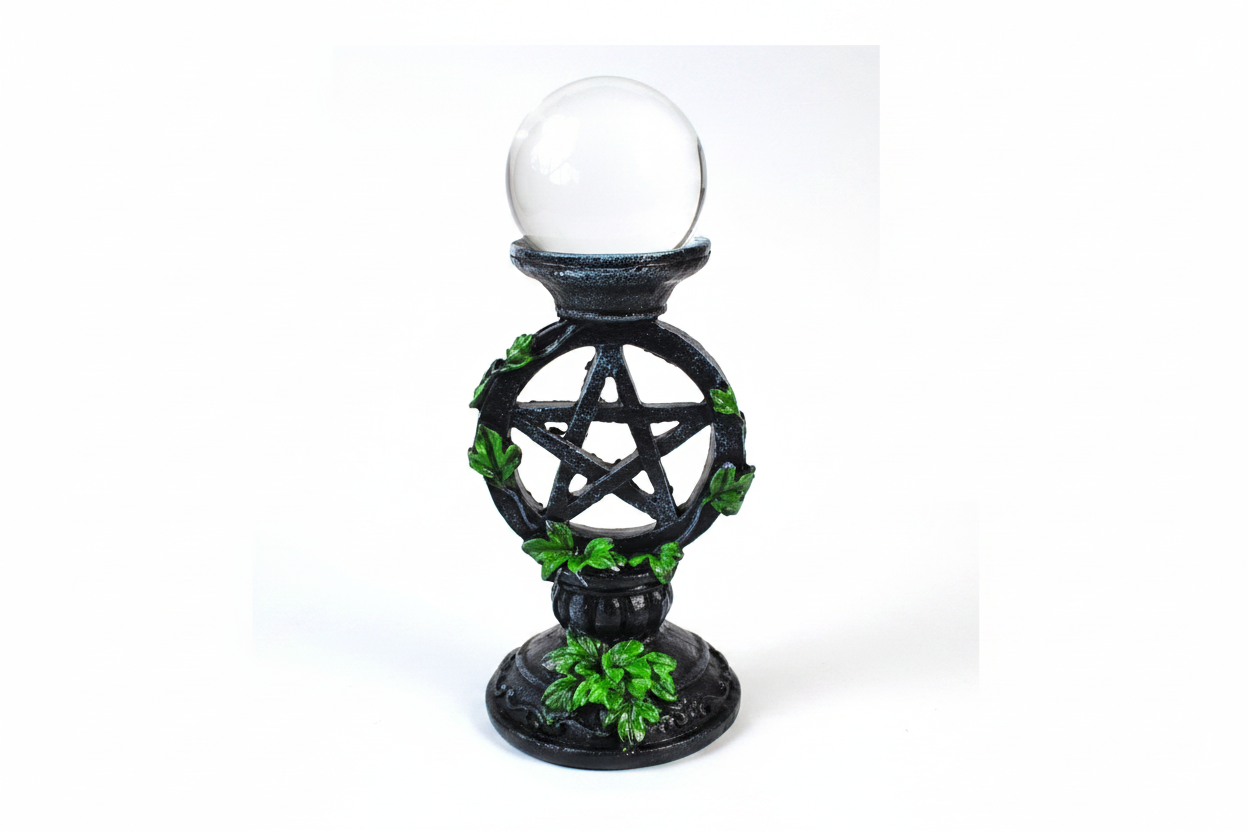 Clear Gazing Ball with Pentagram Stand, 50mm, 7 Inch Tall