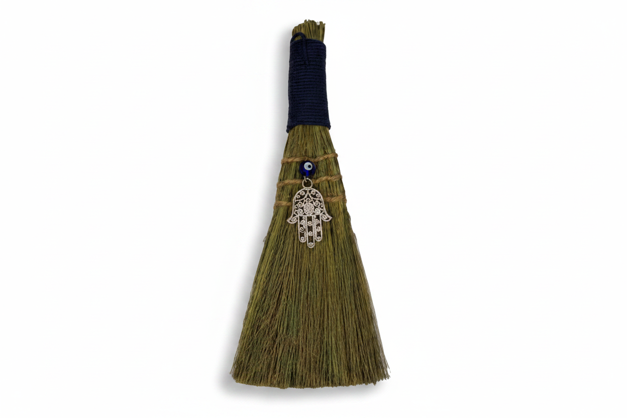 Evil Eye and Fatima Hand Broom, 9 Inch, shown in use