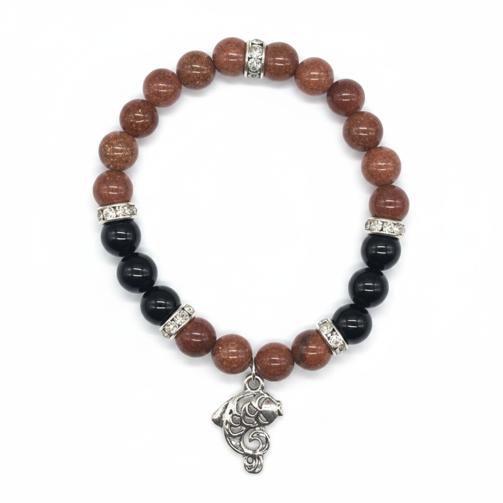 Gold Sandstone, Black Agate, Fish Bracelet, 8mm