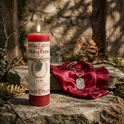 Viking rune love set with burning candle and pendant on stone altar, creating a serene, ritualistic atmosphere.