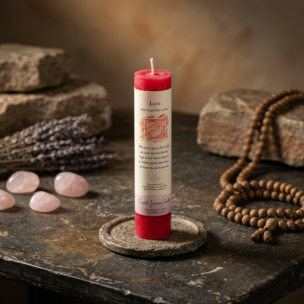Profile of a tiny glowing Love Reiki Charged Candle with textured wax and flickering flame in an intimate meditation corner.