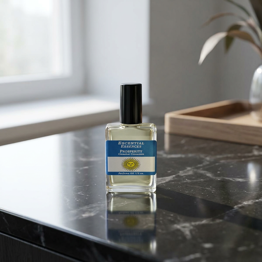 Small 0.5oz Prosperity Perfume Oil bottle on black marble surface, highlighting micro-details, metallic cap, and amber hue in natural daylight.