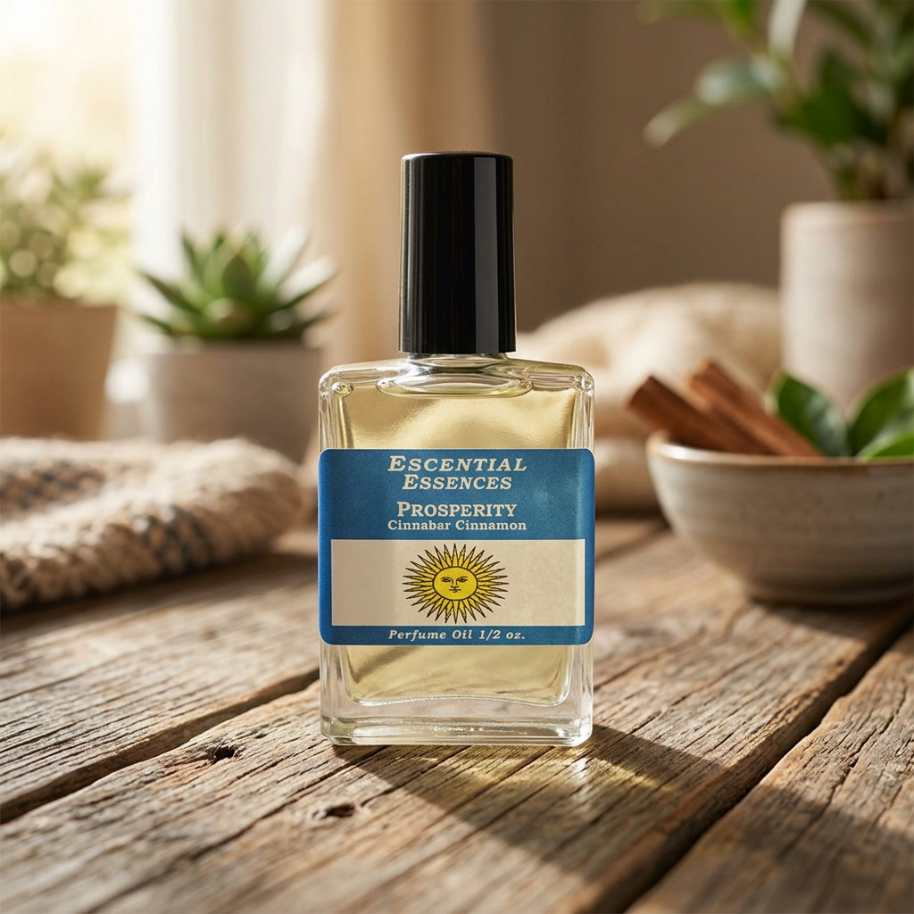 Photorealistic Prosperity Perfume Oil bottle on rustic wooden table, with micro-embossed glass and natural warm lighting in a cozy home environment.