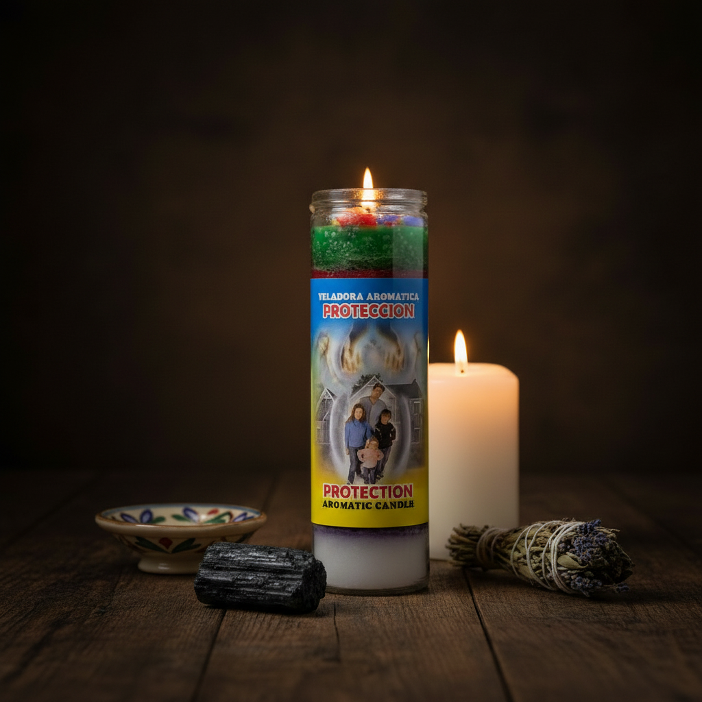 Protection Aromatic Jar Candle, styled on altar