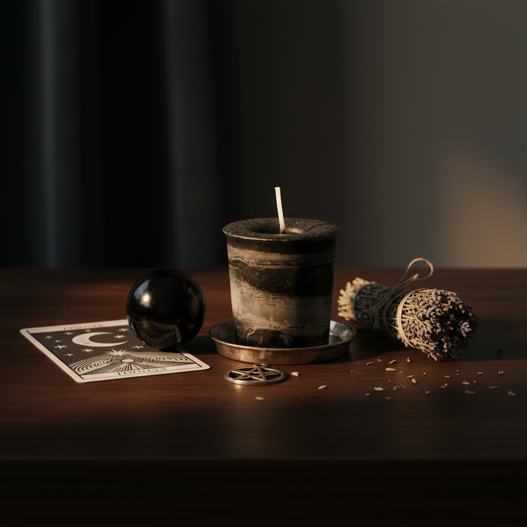 Protection Herbal Votive - Black, styled on altar