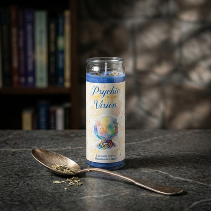 Side profile of Psychic Vision Candle on a reflective surface showing wax texture and label details.