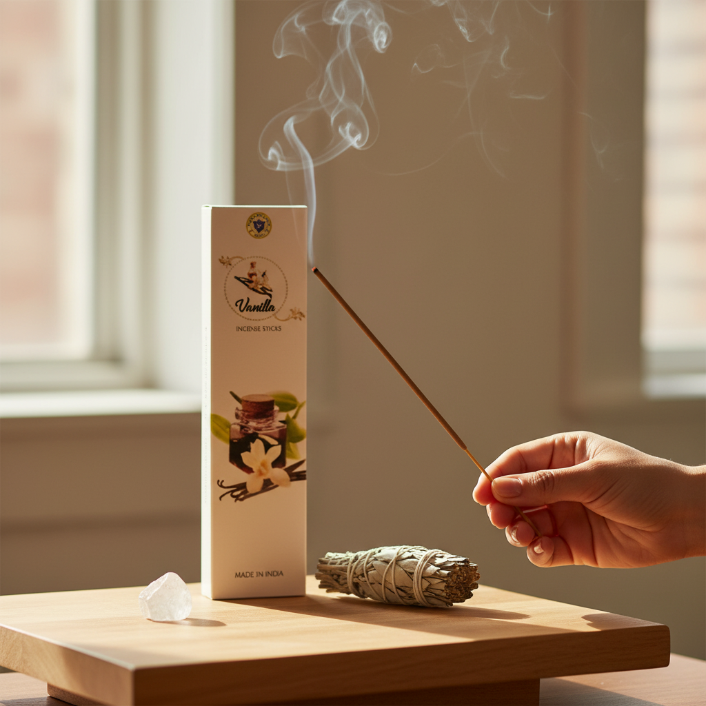 Pure Vibrations Vanilla Incense Sticks, shown in use