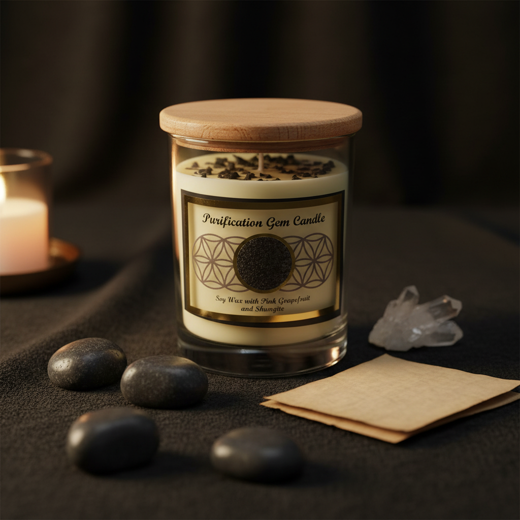 Purification Gemstone Soy Candle, styled on altar