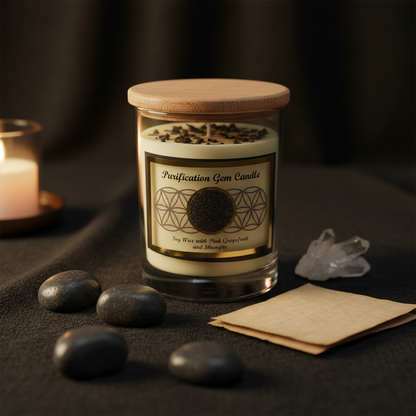 Purification Gemstone Soy Candle, styled on altar