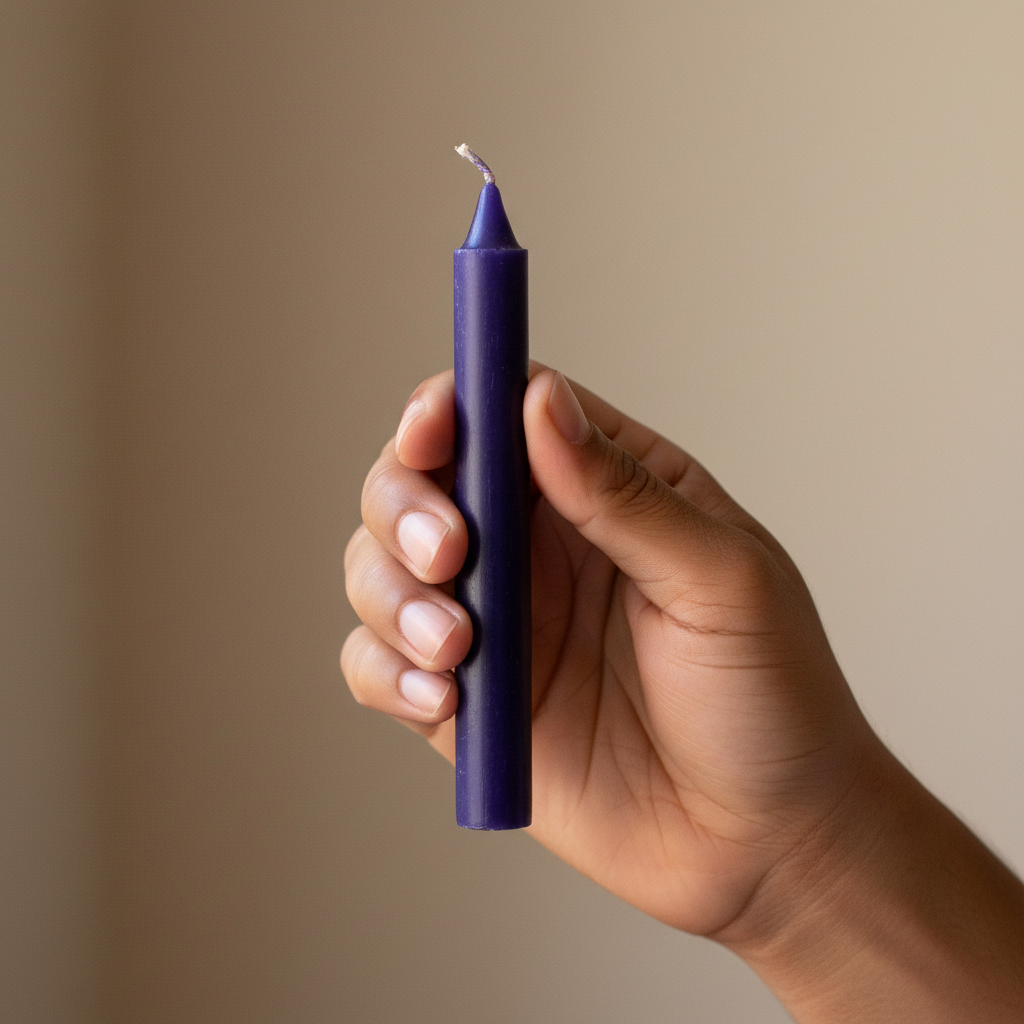 Purple 6" Household Candle, held in hand