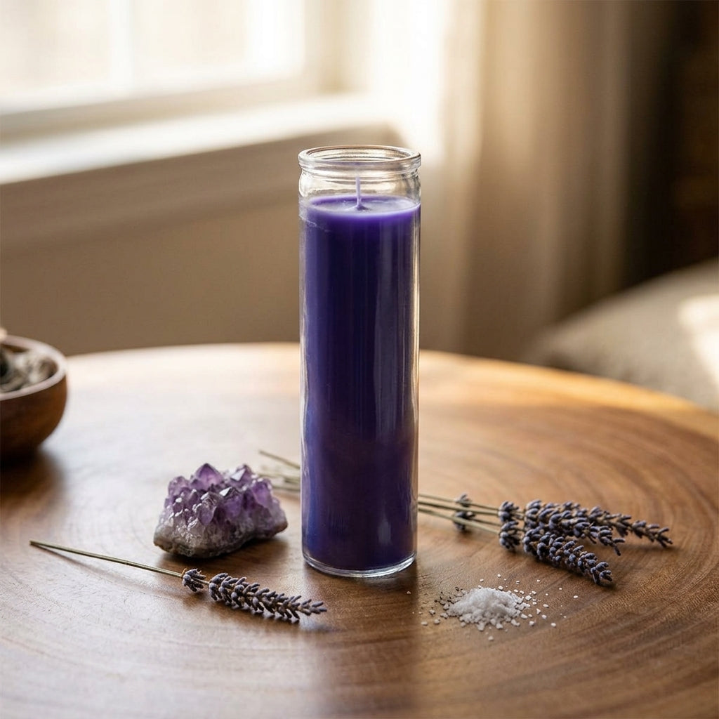 Photorealistic scene of a purple jar candle on a wooden table in a calming meditation space, surrounded by amethyst, lavender, and salt.