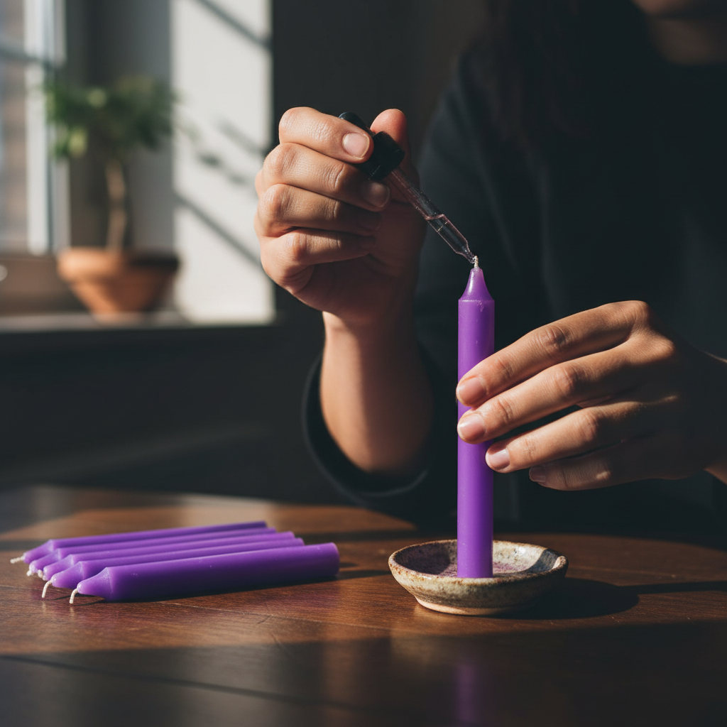 Purple Household Candle, Set of 6, 6", shown in use