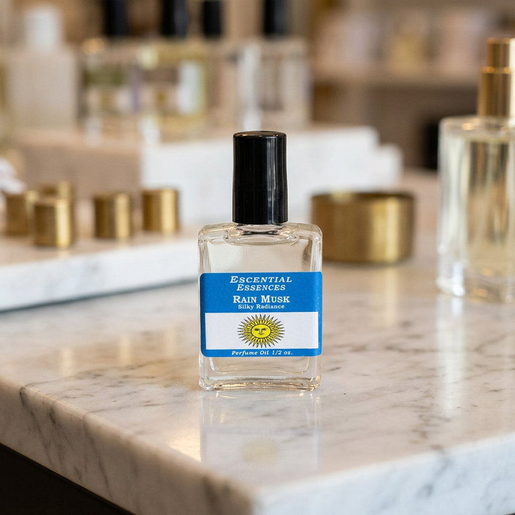 Close-up of Rain Musk Perfume Oil bottle on polished marble in a boutique setting, showcasing glass texture and warm lighting reflection.