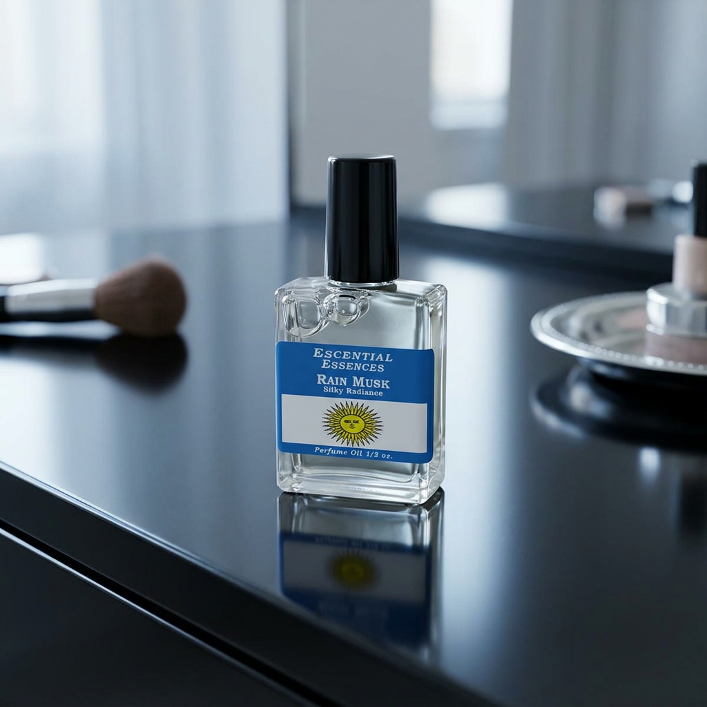 Side perspective of Rain Musk Perfume Oil bottle on sleek black vanity, emphasizing glass clarity and viscous oil details.