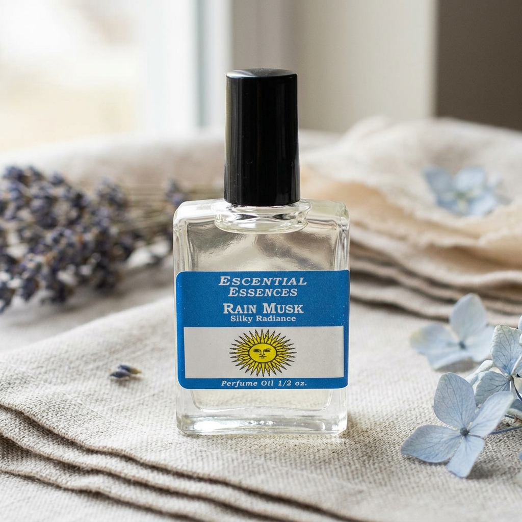 Product shot of Rain Musk Perfume Oil bottle on linen cloth with dried flowers, highlighting micro-texture and natural colors.