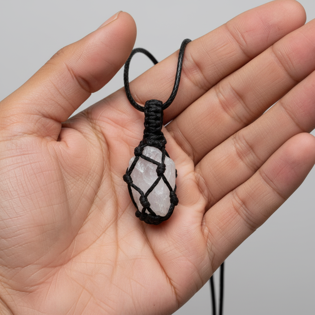 Rainbow Moonstone Rough Cage Pendant, held in hand