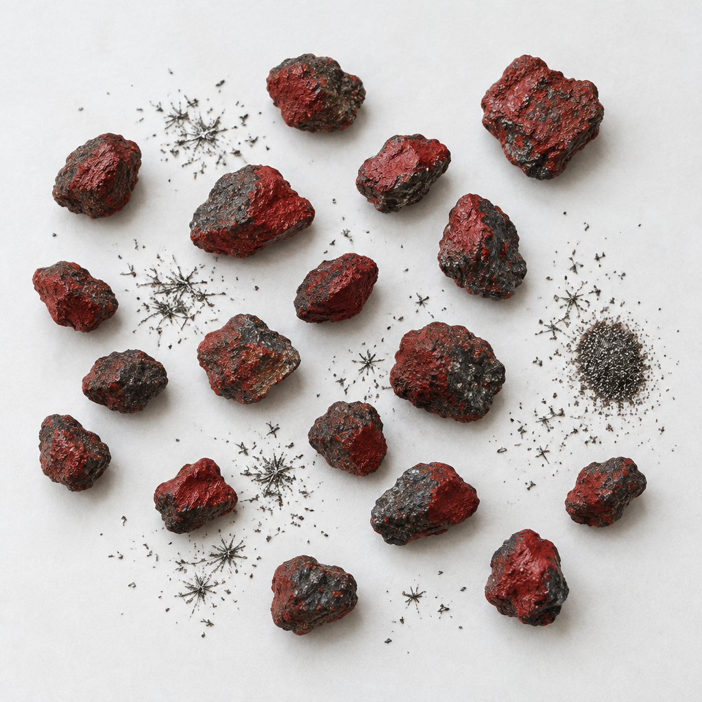 Red lodestone flat lay with separate individual stones and magnetic sand