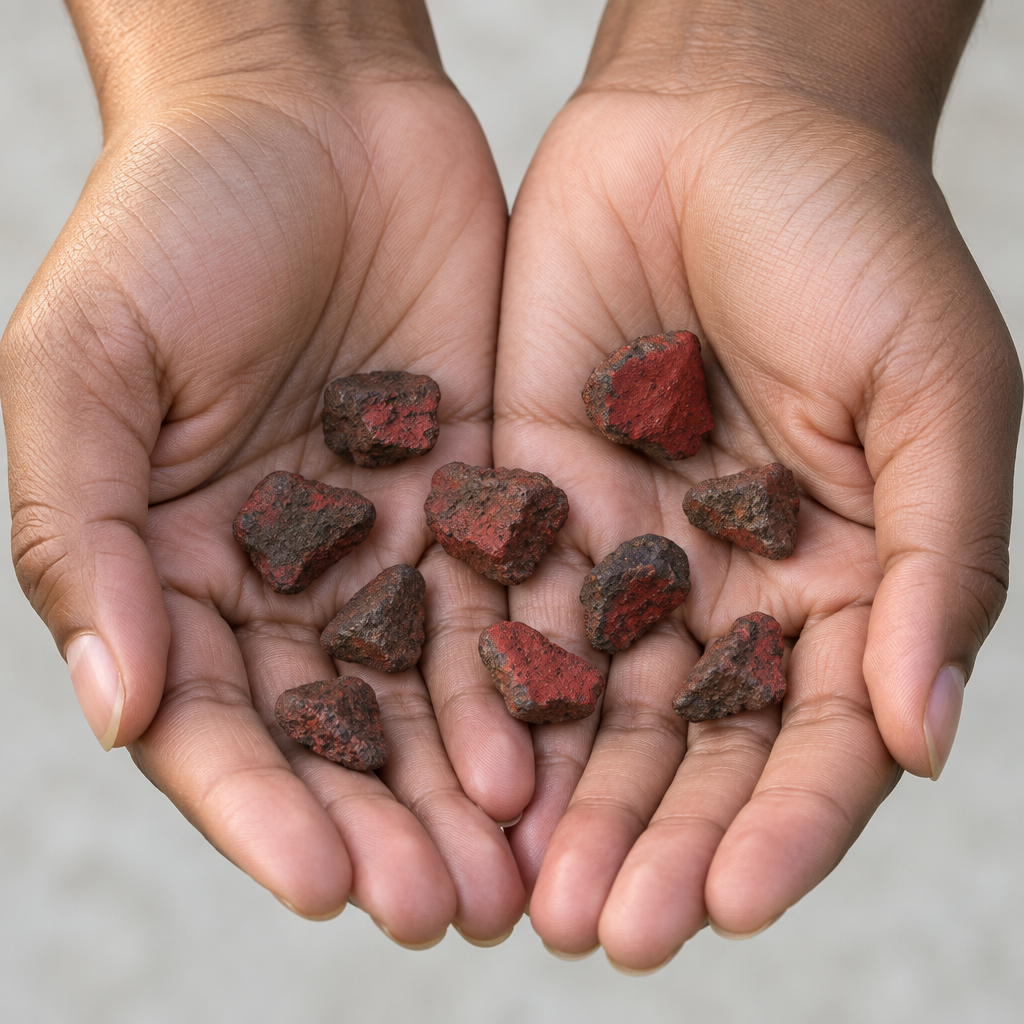 Red lodestone stones held in cupped hands as separate pieces