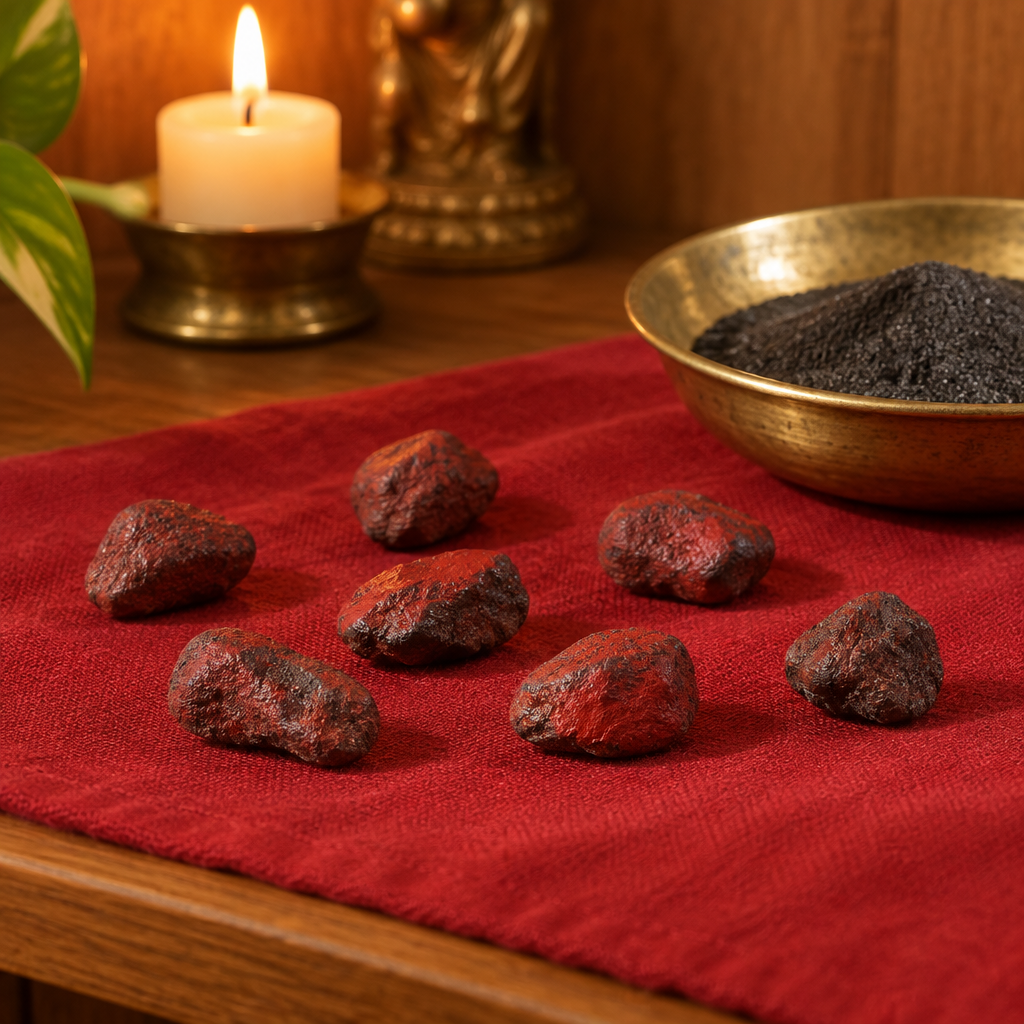 Red lodestone stones styled on a home altar as separate pieces