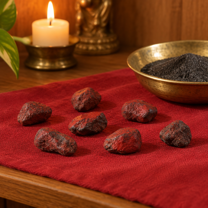 Red lodestone stones styled on a home altar as separate pieces