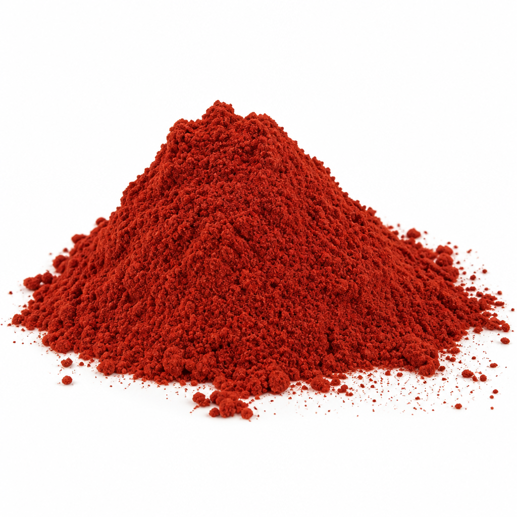 Red sandalwood powder mound on plain white background