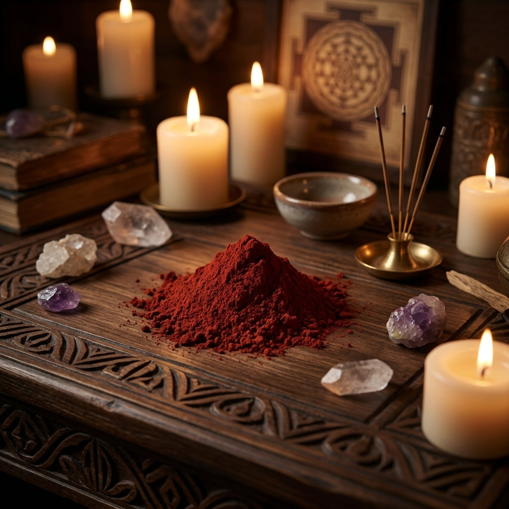 Environmental scene with red sandalwood powder on carved wooden altar with candles, crystals, and incense for ritual use.
