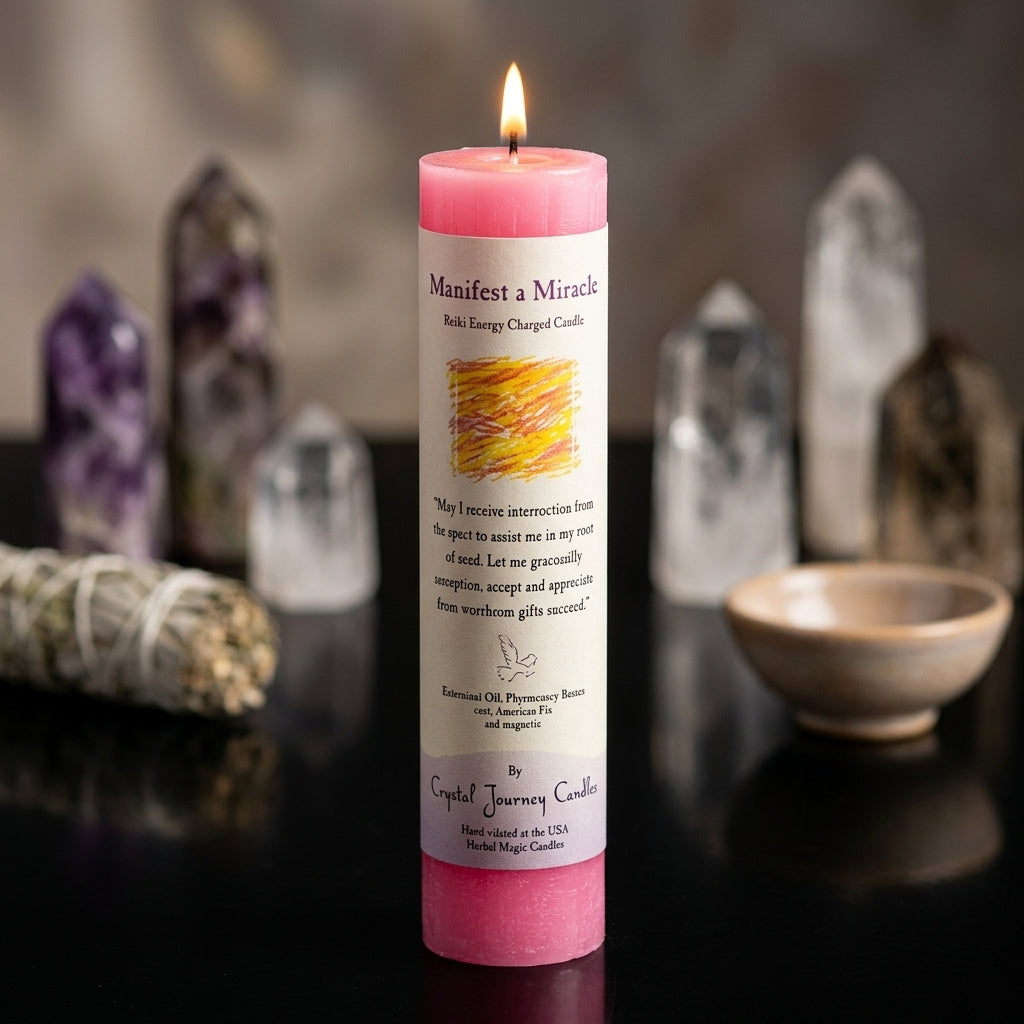 Refined Reiki Charged Pillar Candle on black surface with crystal motifs, softly illuminated to evoke a sacred ritual atmosphere.