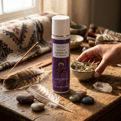 Spray can placed on a ritual altar with sacred objects like feathers, stones, and herbs, in warm natural light emphasizing texture and spiritual environment.