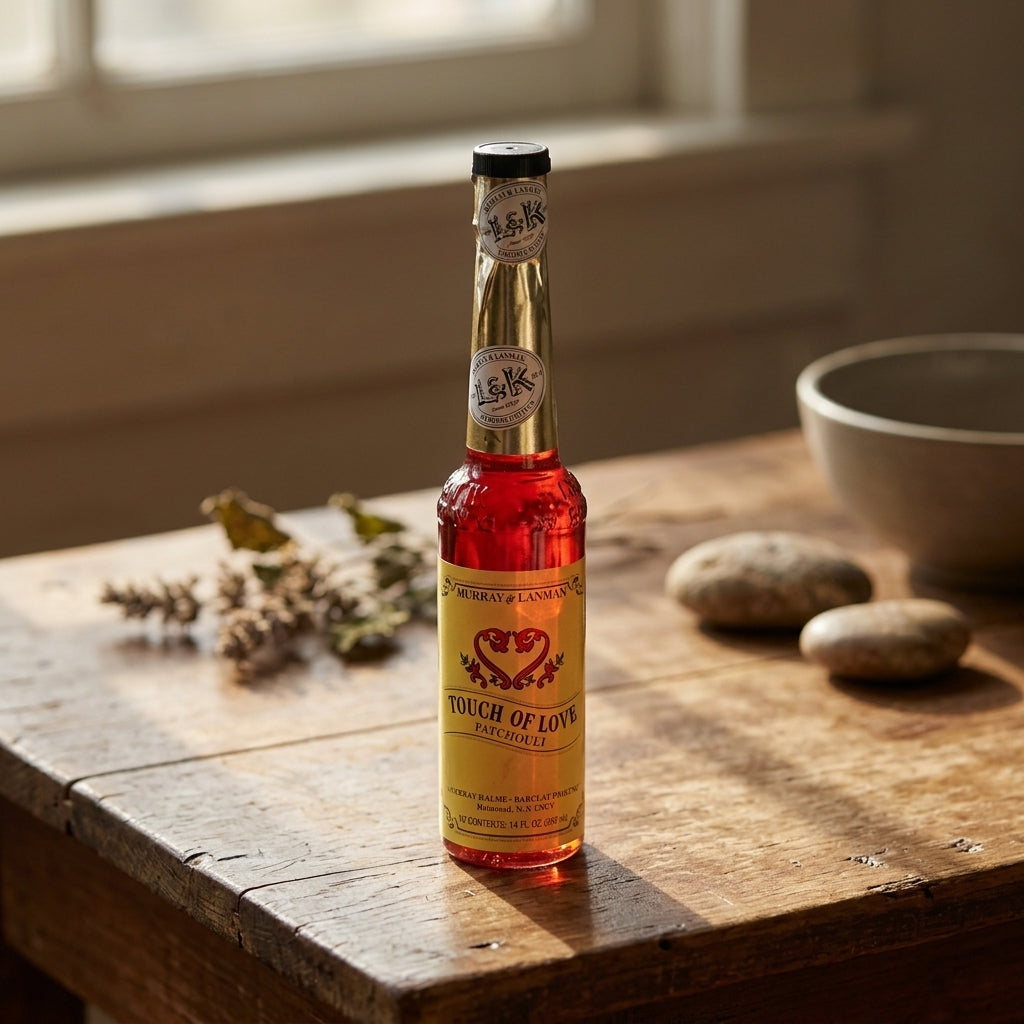 Small bottle of Murray & Lanman Touch of Love Patchouli Cologne on a wooden altar with herbs and spiritual symbols in the background.