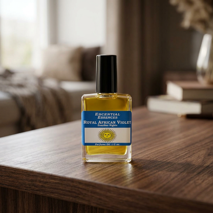 Photorealistic scene of Royal African Violet perfume oil bottle on polished dark wooden surface, illuminated by soft natural light, emphasizing luxury.