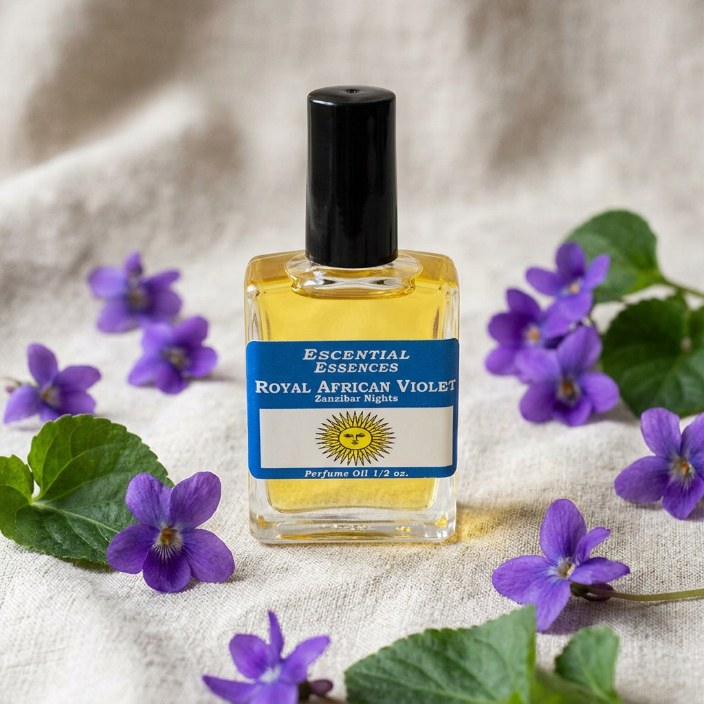 Still life of Royal African Violet perfume oil among violet flowers, leaves, and textured fabric, lit with natural light for elegance.