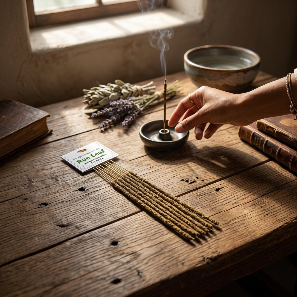 Set of six Rue Leaf incense sticks arranged on rustic wooden surface highlighting rich herbal texture.