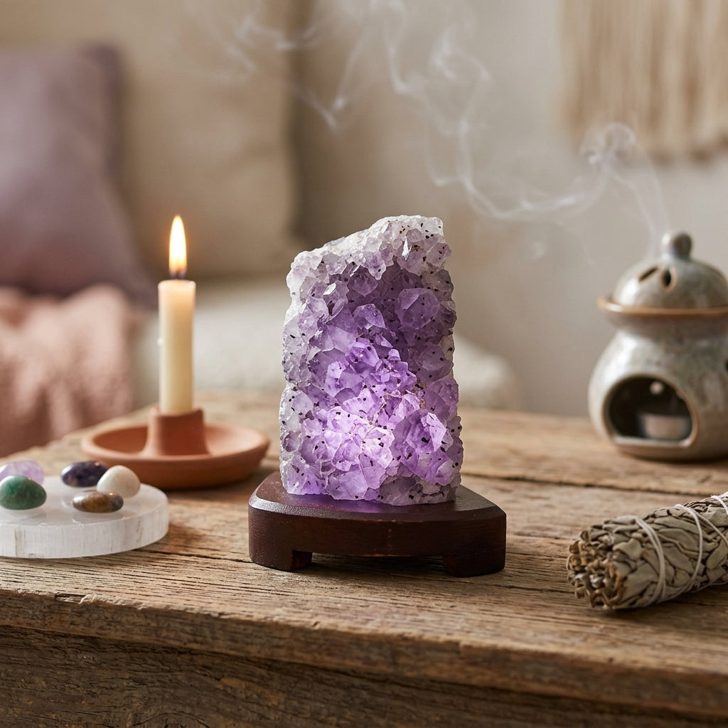 Compact amethyst druse lamp on rustic bedside table emitting violet light in cozy, decorated room scene