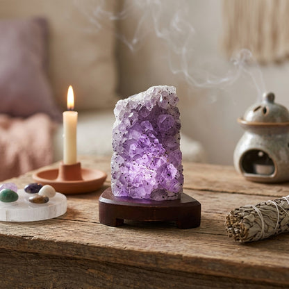 Compact amethyst druse lamp on rustic bedside table emitting violet light in cozy, decorated room scene