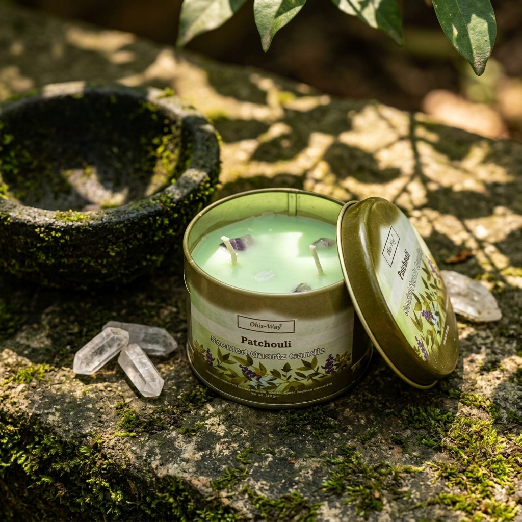 Tiny Patchouli Quartz Candle in a rustic setting on a mossy surface with natural sunlight highlighting micro-texture.