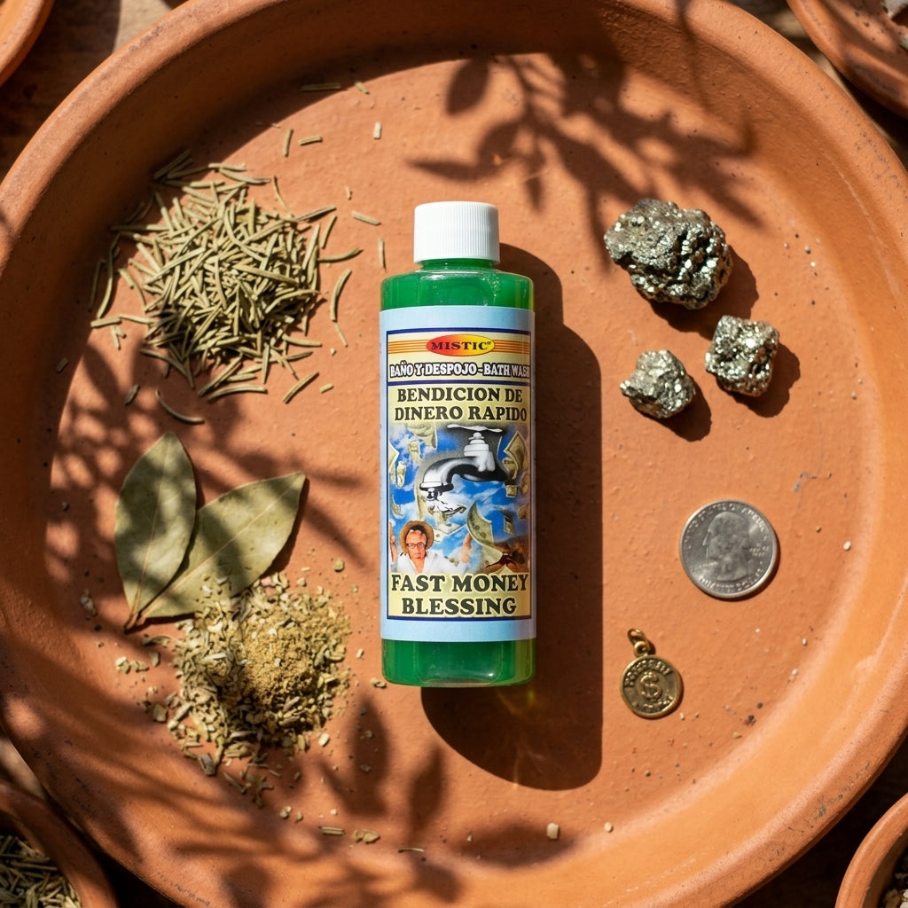 Petite 8oz Fast Money Drawing Wash bottle on rustic terracotta altar surrounded by herbs, leaves, and prosperity charm, emphasizing earthy energy.