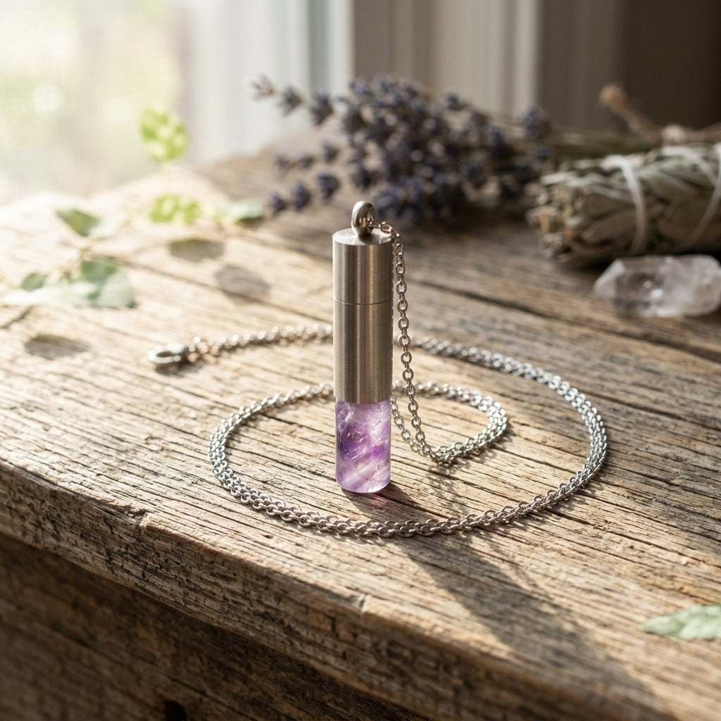 Amethyst pendant on rustic wooden surface with natural lighting, showcasing micro-details and earthy ambiance.