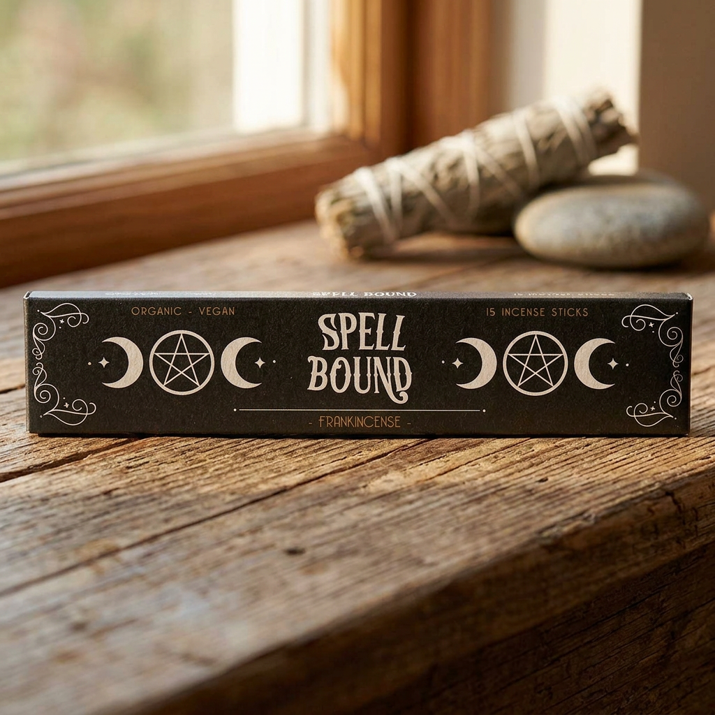 Close-up of a 15/pk Spell Bound stick box on a rustic wooden surface in a cozy meditation space, highlighting textured paper packaging and calming elements.