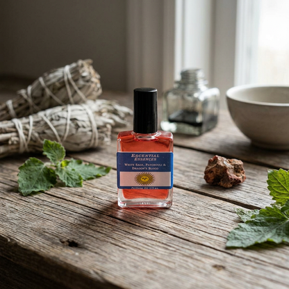 Photorealistic scene of a tiny 1/2oz essential oil bottle on a weathered wooden table with dried herbs and ritual items, evoking a spiritual atmosphere.