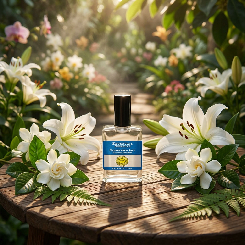 Wide shot of small Casablanca Lily Perfume Oil bottle on a rustic wooden table surrounded by gardenia and lily flowers in warm natural light.