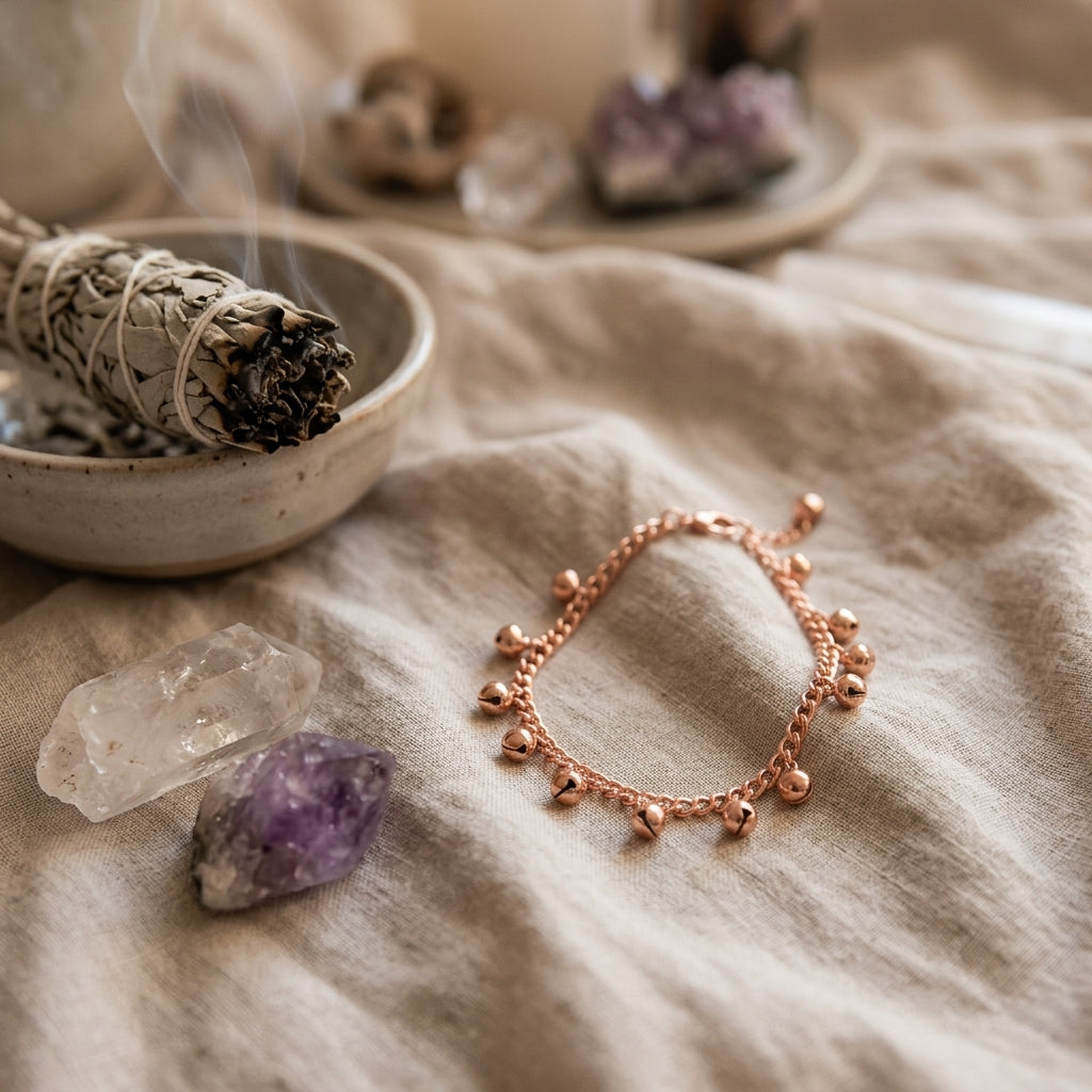 Goldtone anklet with bells in a sacred ritual scene, featuring sage and crystals, with warm ambient lighting and spiritual symbols.
