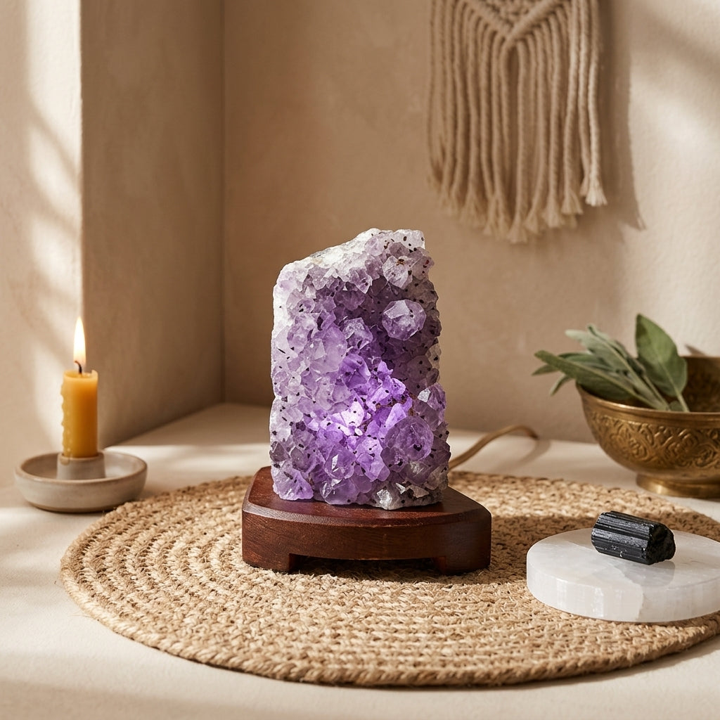 Professional scene with amethyst druse lamp, ritual accessories, and natural lighting creating a spiritual calming atmosphere