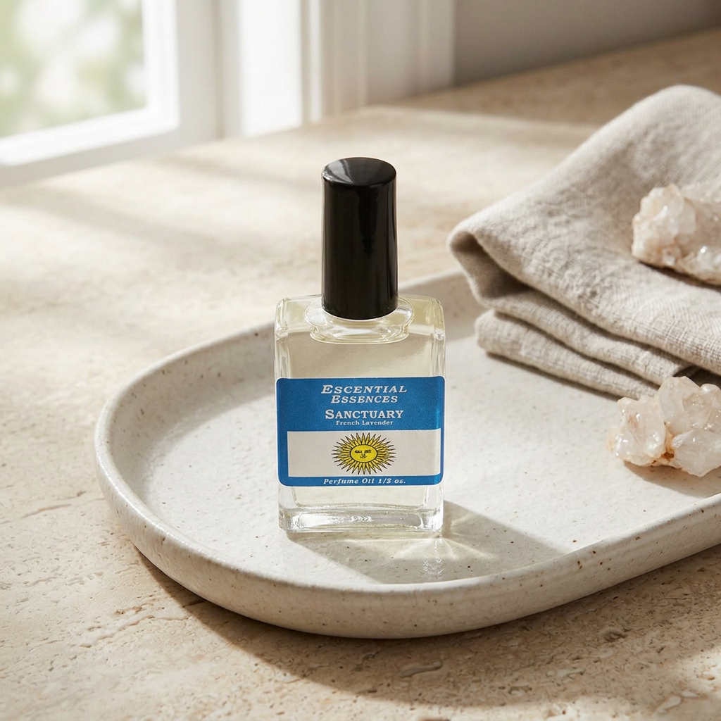 Sanctuary Perfume Oil bottle on a textured ceramic tray in a cozy bathroom, capturing micro-details and evoking a calming meditation atmosphere.