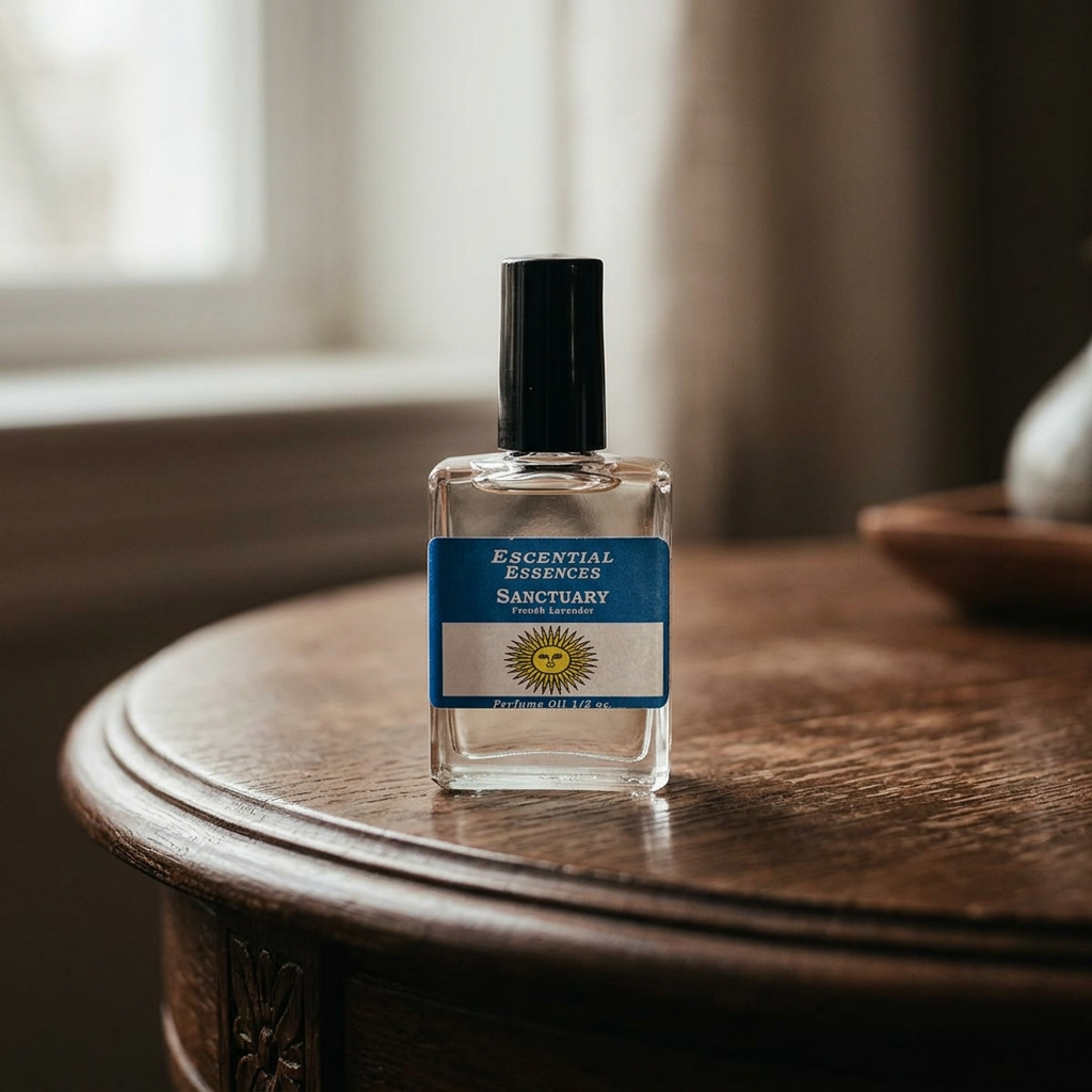 Elegant shot of Sanctuary Perfume Oil on a dark wood table in a softly lit interior, emphasizing glass clarity, micro-texture, and tranquil mood.
