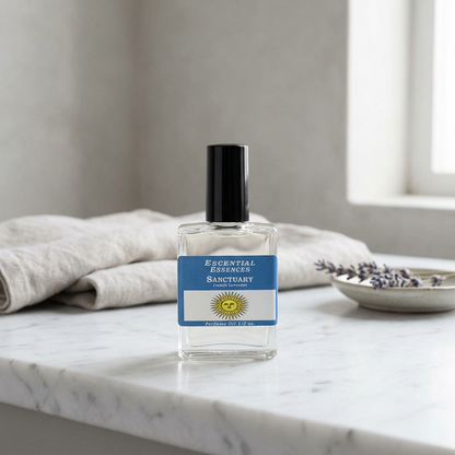 Full-body shot of Sanctuary Perfume Oil placed on a white marble countertop, showcasing the glass texture and delicate design in a real-world setting.