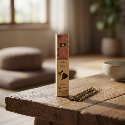 Small sandalwood incense stick in a ceramic holder on a wooden surface in a meditative space.