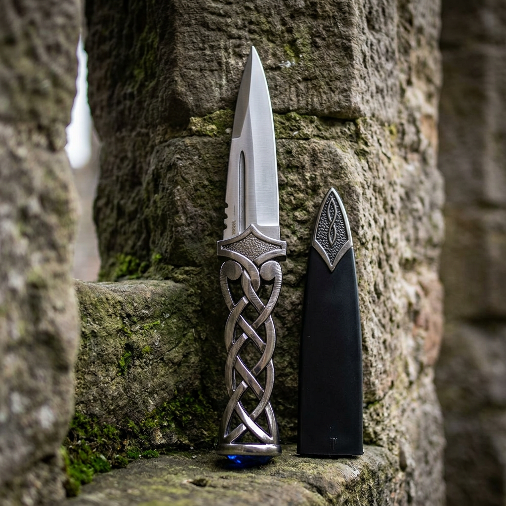 Scottish athame positioned vertically against textured stone wall, featuring polished handle with blue ruby and partially visible blood groove for ceremonial aesthetic.