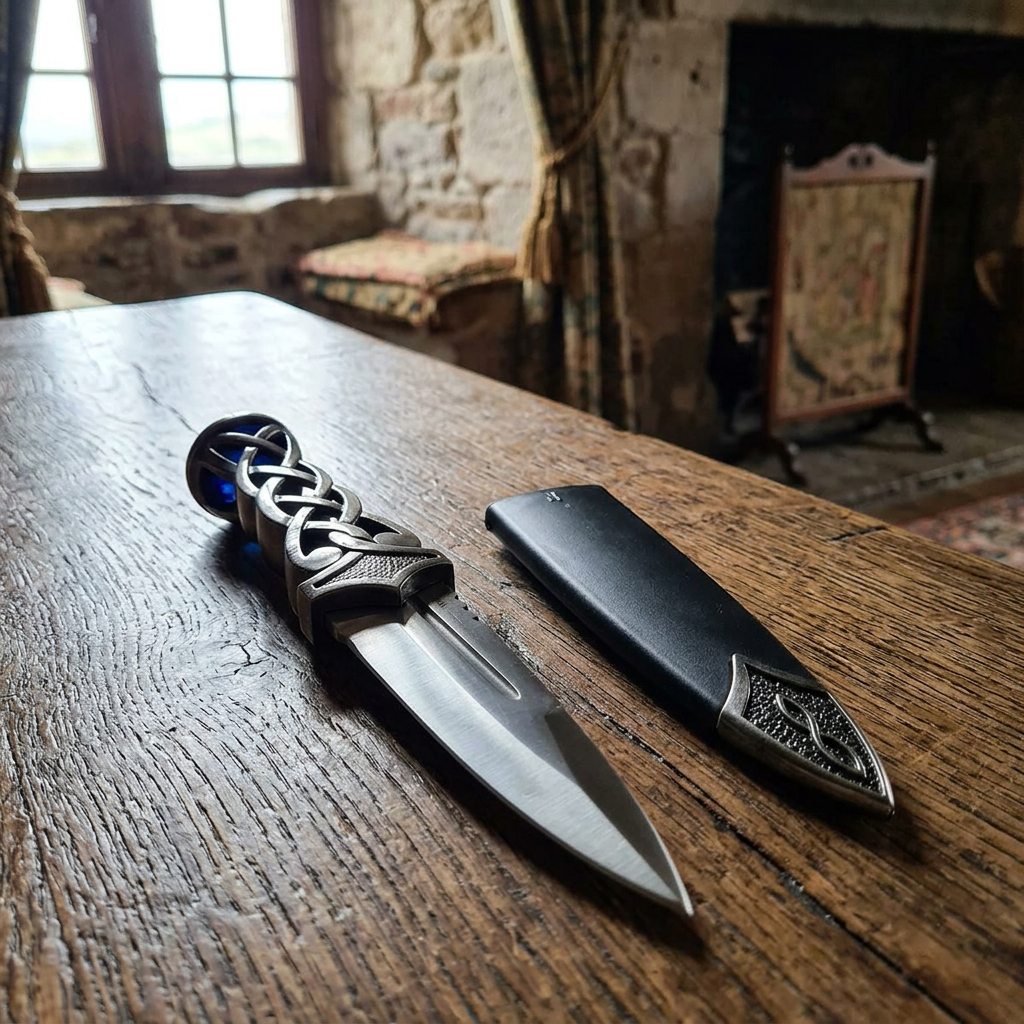 Close-up of a 8.5-inch Scottish athame's stainless steel blade with micro-texture, blood groove, and rustic wooden background, highlighting craftsmanship.