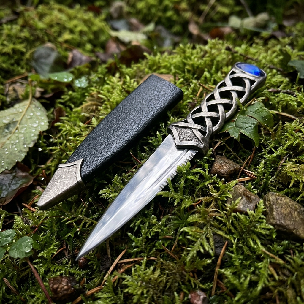 7-inch Scottish Highlander Athame embedded in moss and leaves in Scottish highland forest, emphasizing protection and grounding with micro-texture details.